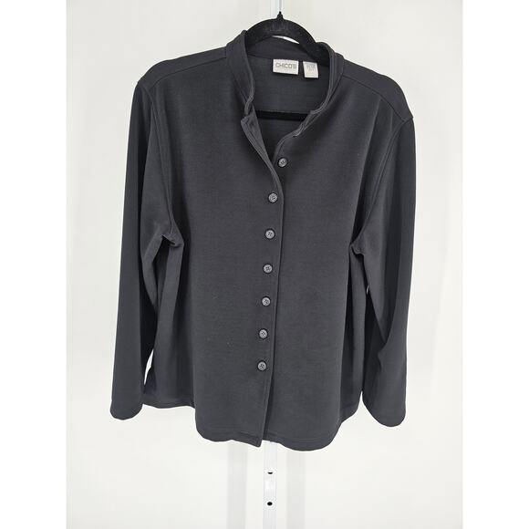 Vintage Chicos Womens Sz 3 (US XL) Button Up Slinky Knit Jacket Solid Black - Picture 1 of 4